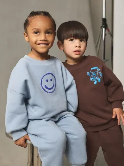 Sets En Combisets|Truien En Breisels|Next - Printed Crew Neck Sweat Top & Joggers Set (3mths-7yrs) Chocoladebruin en blauw
