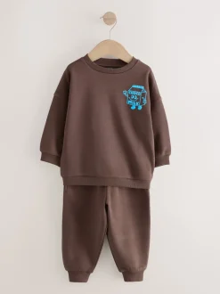 Sets En Combisets|Truien En Breisels|Next - Printed Crew Neck Sweat Top & Joggers Set (3mths-7yrs) Chocoladebruin en blauw