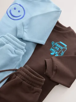 Sets En Combisets|Truien En Breisels|Next - Printed Crew Neck Sweat Top & Joggers Set (3mths-7yrs) Chocoladebruin en blauw