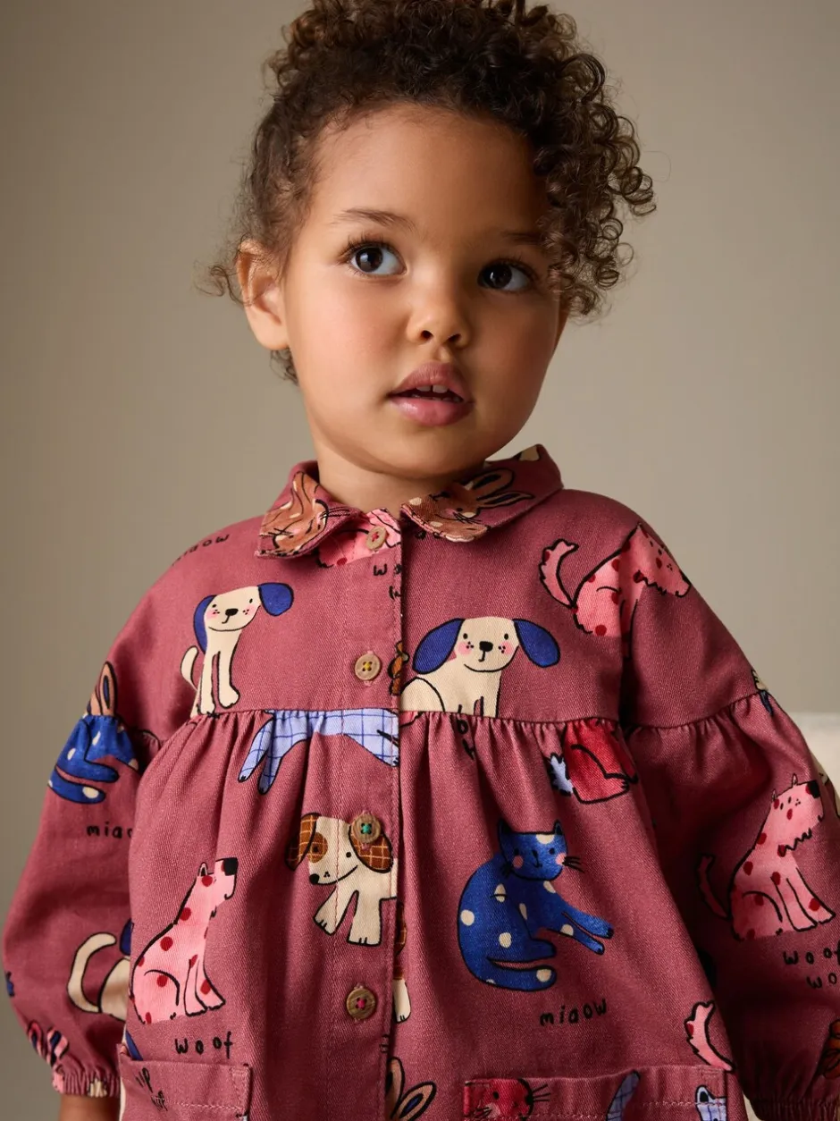 Truien En Breisels|Jurken*Next Chocoladebruin met karakteristieke print - Long Sleeve Cotton Dress (3mths-8yrs)