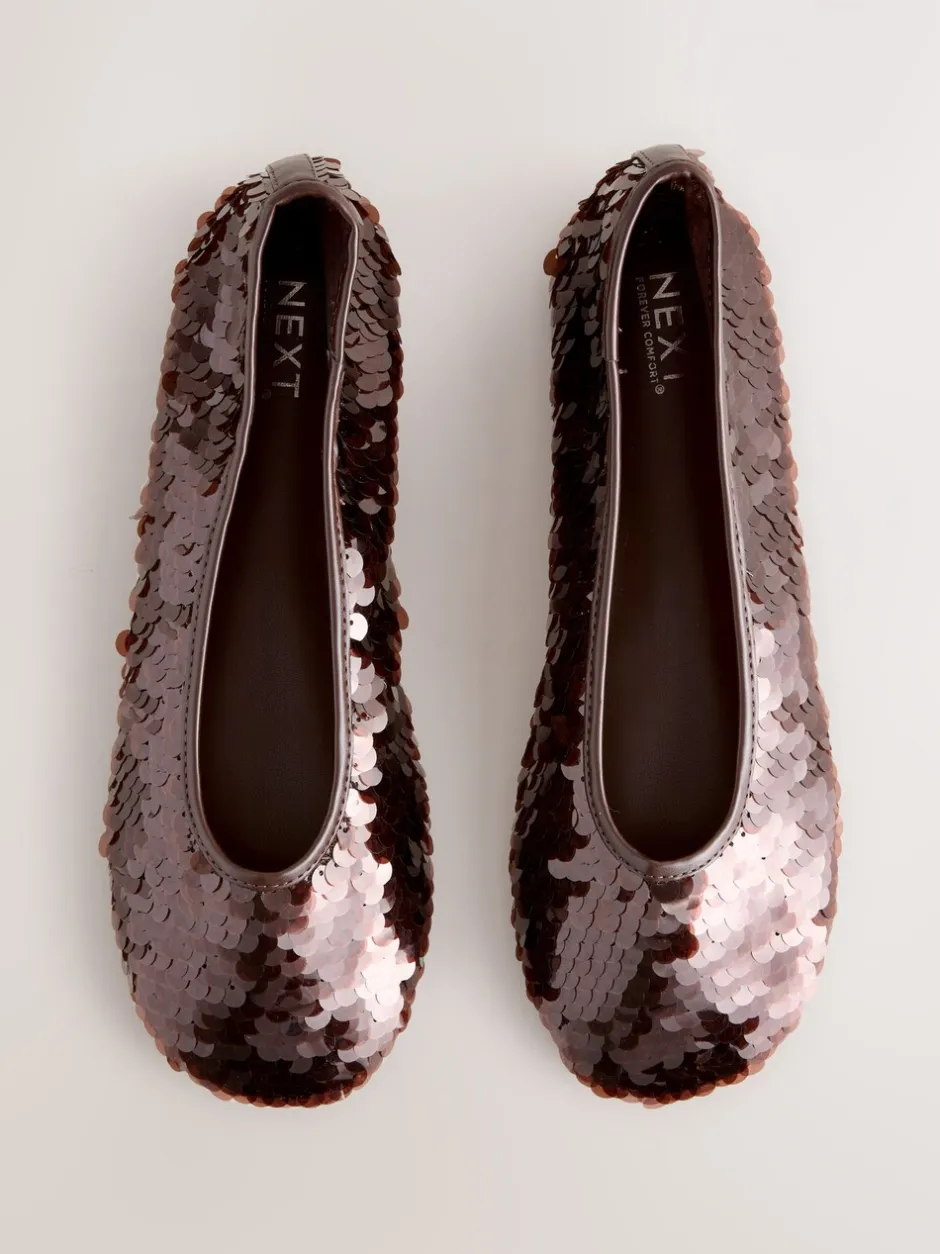 Lage Schoenen|Gelegenheidskleding*Next - Forever Comfort® Round Toe Sequin Ballerina Flats Chocoladebruin met lovertjes