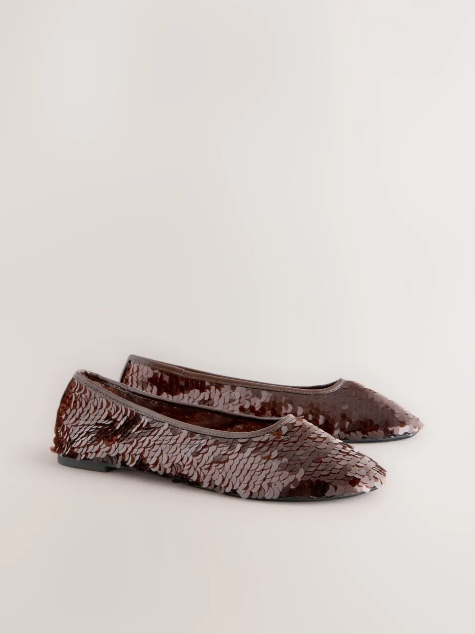 Lage Schoenen|Gelegenheidskleding*Next - Forever Comfort® Round Toe Sequin Ballerina Flats Chocoladebruin met lovertjes