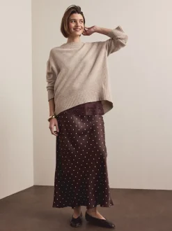 Rokken|Next - Satijnen midirok Chocoladebruin/Crème met stippen