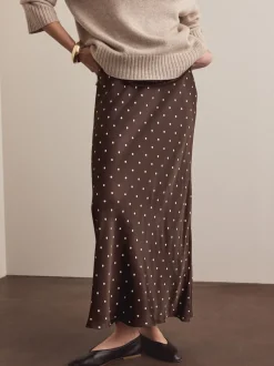 Rokken|Next - Satijnen midirok Chocoladebruin/Crème met stippen