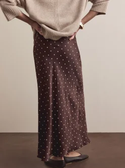 Rokken|Next - Satijnen midirok Chocoladebruin/Crème met stippen