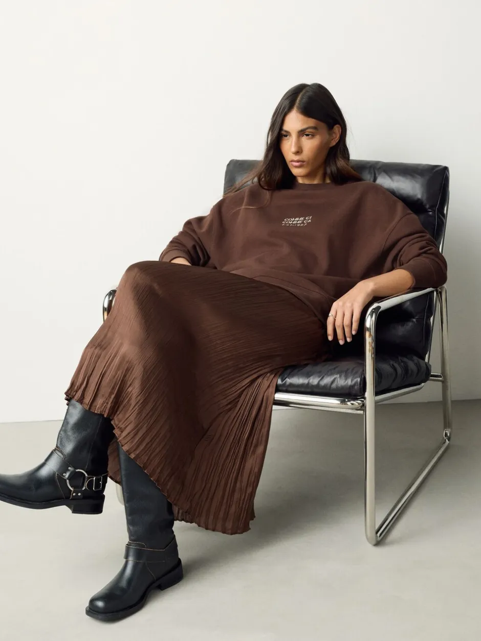 Gebreide Kleding|Jurken|Next - 2-In-1 Sweatshirt met Satijnen Midi Rok Chocoladebruine borduurwerk