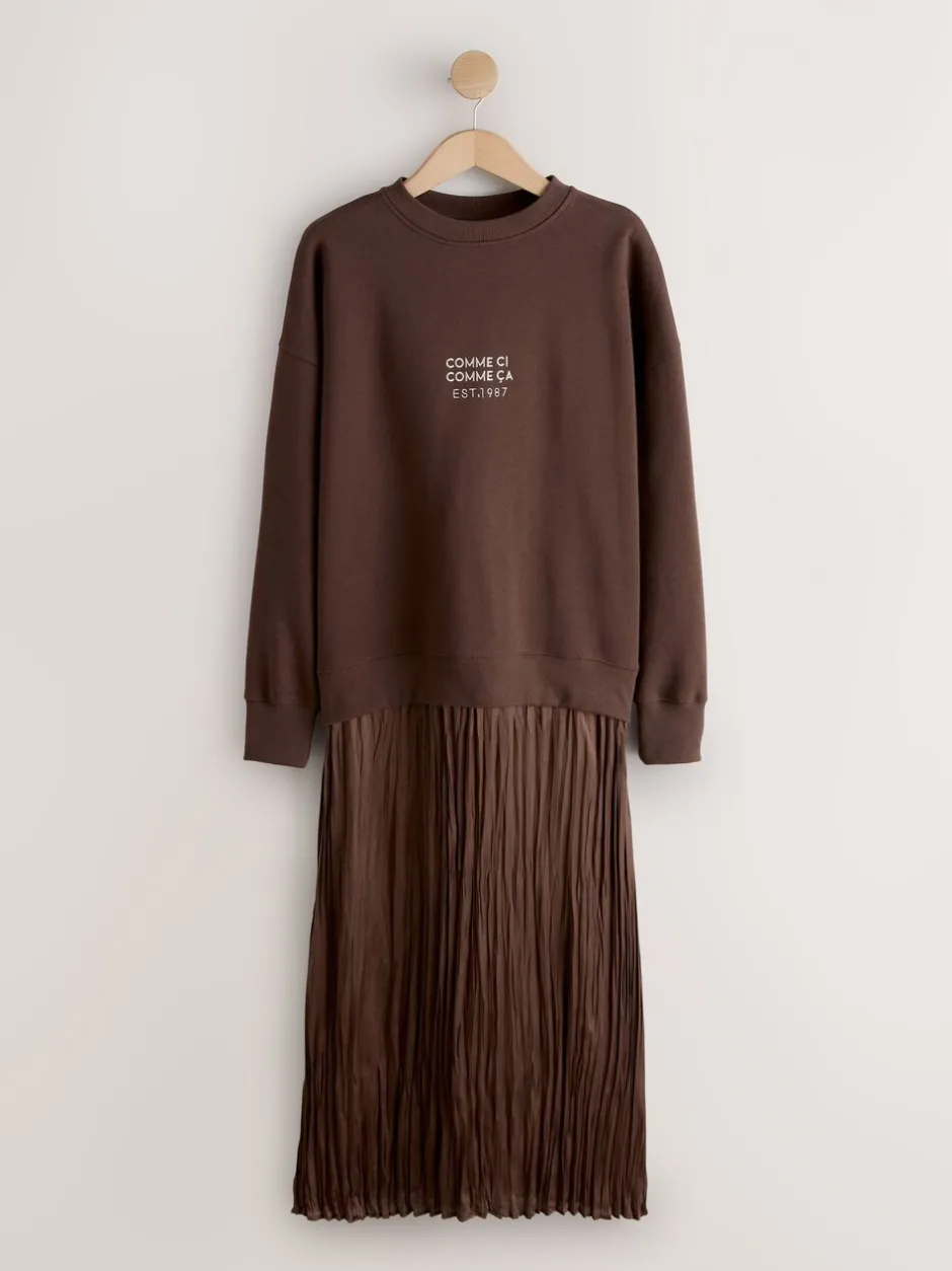 Gebreide Kleding|Jurken|Next - 2-In-1 Sweatshirt met Satijnen Midi Rok Chocoladebruine borduurwerk