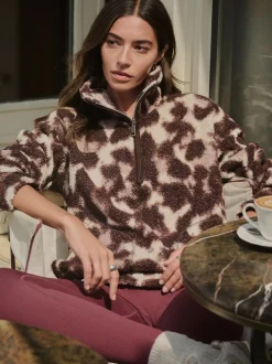 Hoody's En Sweatshirts|Next Chocoladebruin/roze luipaardprint - Soft Touch Knusse Teddy Borg Kwartrondrits Fleece