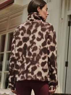 Hoody's En Sweatshirts|Next Chocoladebruin/roze luipaardprint - Soft Touch Knusse Teddy Borg Kwartrondrits Fleece