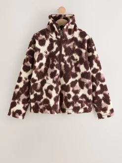 Hoody's En Sweatshirts|Next Chocoladebruin/roze luipaardprint - Soft Touch Knusse Teddy Borg Kwartrondrits Fleece