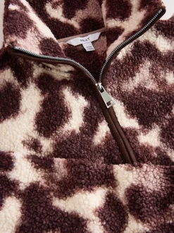 Hoody's En Sweatshirts|Next Chocoladebruin/roze luipaardprint - Soft Touch Knusse Teddy Borg Kwartrondrits Fleece