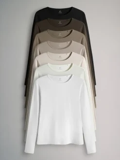 Tops En T-Shirts|The Set - - 7 T-shirts met lange mouwen en ronde hals Chocolate Brown/ Taupe Brown/ Light Brown/ Neutral