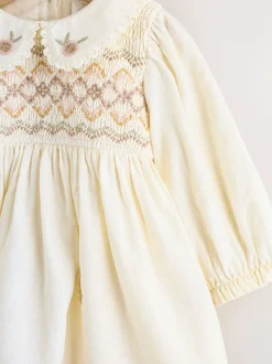 Jurken|Jurken|Next Crème - Baby Embroidered Long Sleeve Dress and Knickers Set 2 Piece (0mths-2yrs)