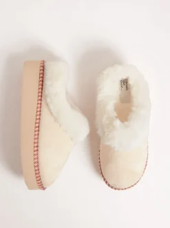 Pantoffels|Friends Like These - Faux Fur Cuff Embroidered Tape Nightwear Mule Slippers Crème
