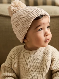 Mutsjes En Antikrabwantjes*Next - Gebreide kabel Beanie-muts met pompom Crème