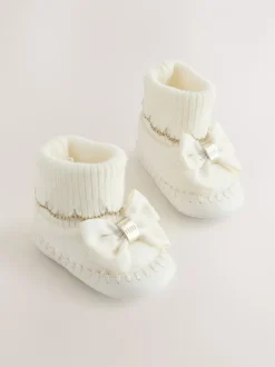 Boots|Baker by Ted Baker - Gebreide padderslaarsjes met geschulpte rand voor babymeisjes met strik Crème