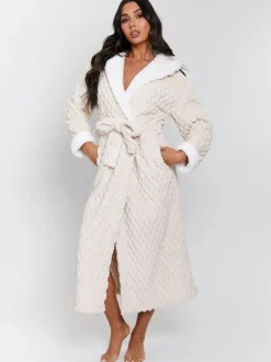 Badjassen|Loungeable - - Geometrische luxe fleece maxi-badjas met capuchon Crème