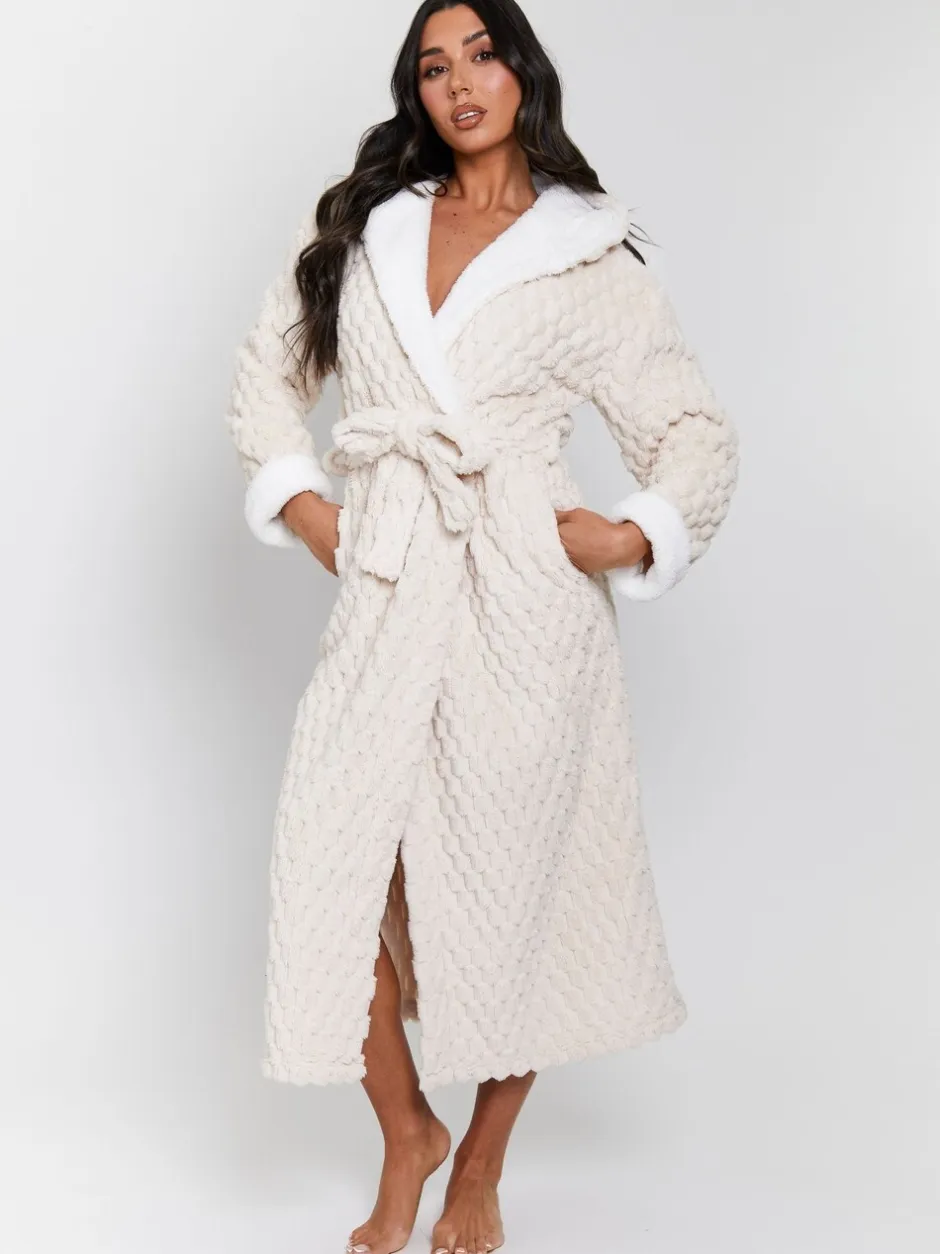 Badjassen|Loungeable - - Geometrische luxe fleece maxi-badjas met capuchon Crème