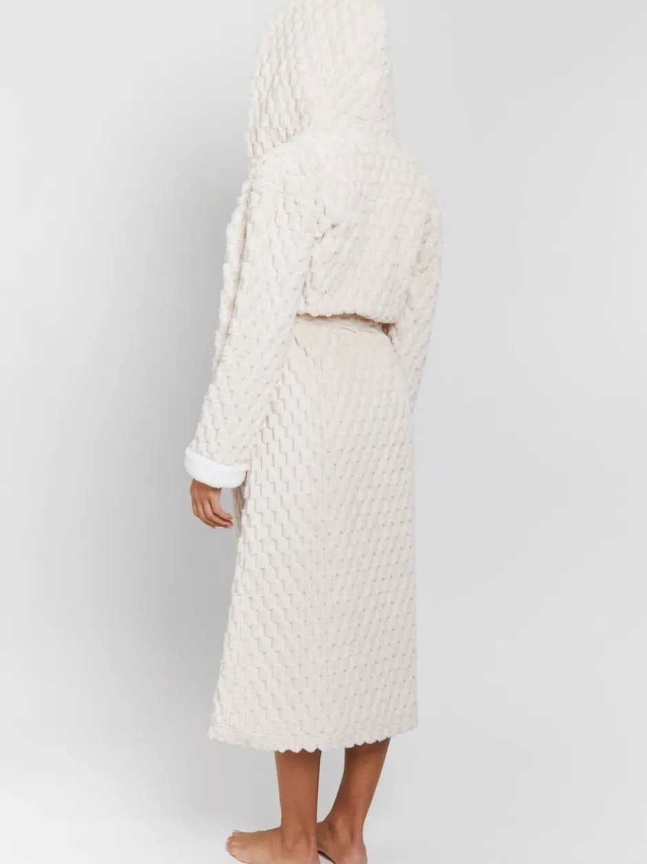 Badjassen|Loungeable - - Geometrische luxe fleece maxi-badjas met capuchon Crème