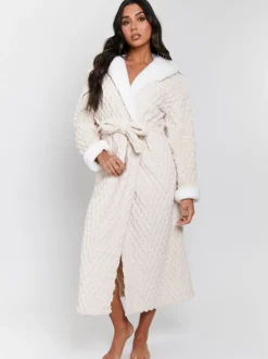 Badjassen|Loungeable - - Geometrische luxe fleece maxi-badjas met capuchon Crème