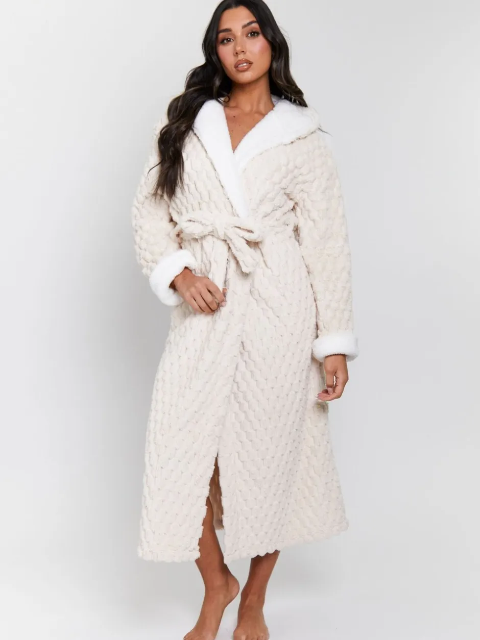 Badjassen|Loungeable - - Geometrische luxe fleece maxi-badjas met capuchon Crème