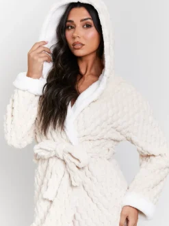 Badjassen|Loungeable - - Geometrische luxe fleece maxi-badjas met capuchon Crème