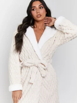 Badjassen|Loungeable - - Geometrische luxe fleece maxi-badjas met capuchon Crème