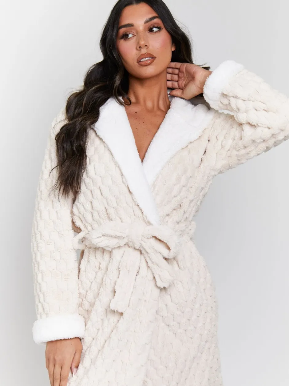 Badjassen|Loungeable - - Geometrische luxe fleece maxi-badjas met capuchon Crème