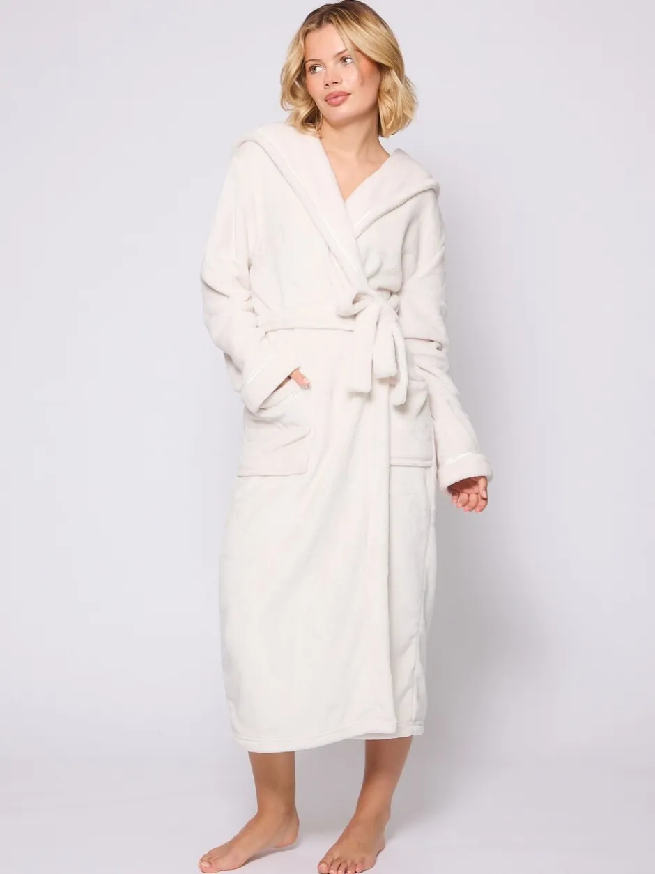 Badjassen*Loungeable Crème - Christmas Ribbon Trim Luxury Fleece Hooded Maxi Robe