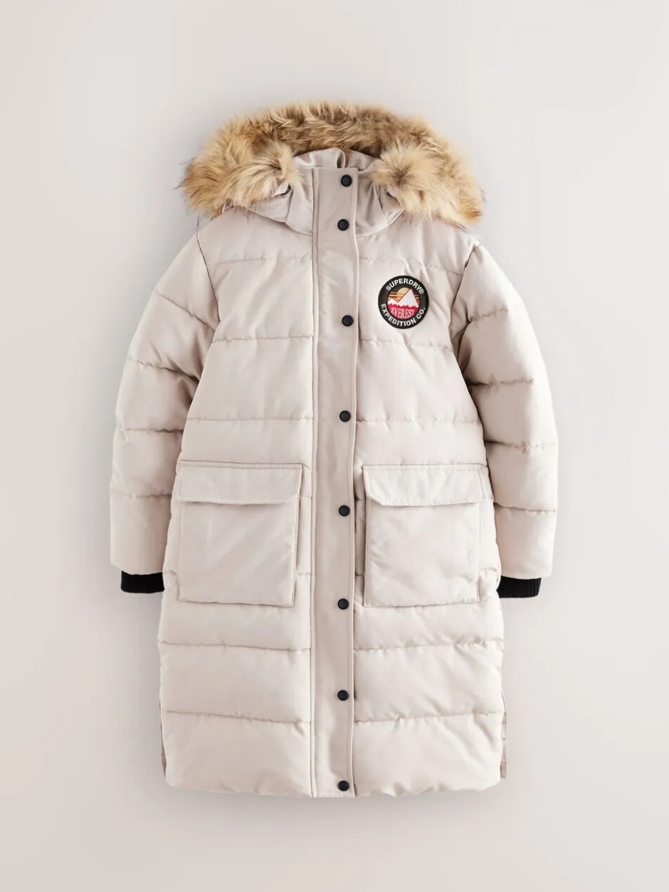 Schoolkleding|Jassen En Jacks|Superdry - - Everest lange gewatteerde jas Crème