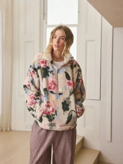 Hoody's En Sweatshirts|Next Crème gebloemd - Borg fleece met korte rits