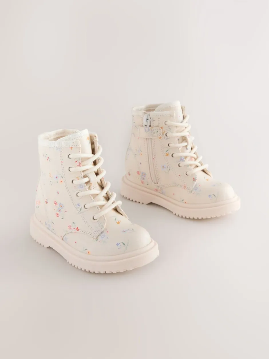 Gelegenheidskleding|Boots*Next - Enkellaarzen met vetersluiting Crème gebloemd