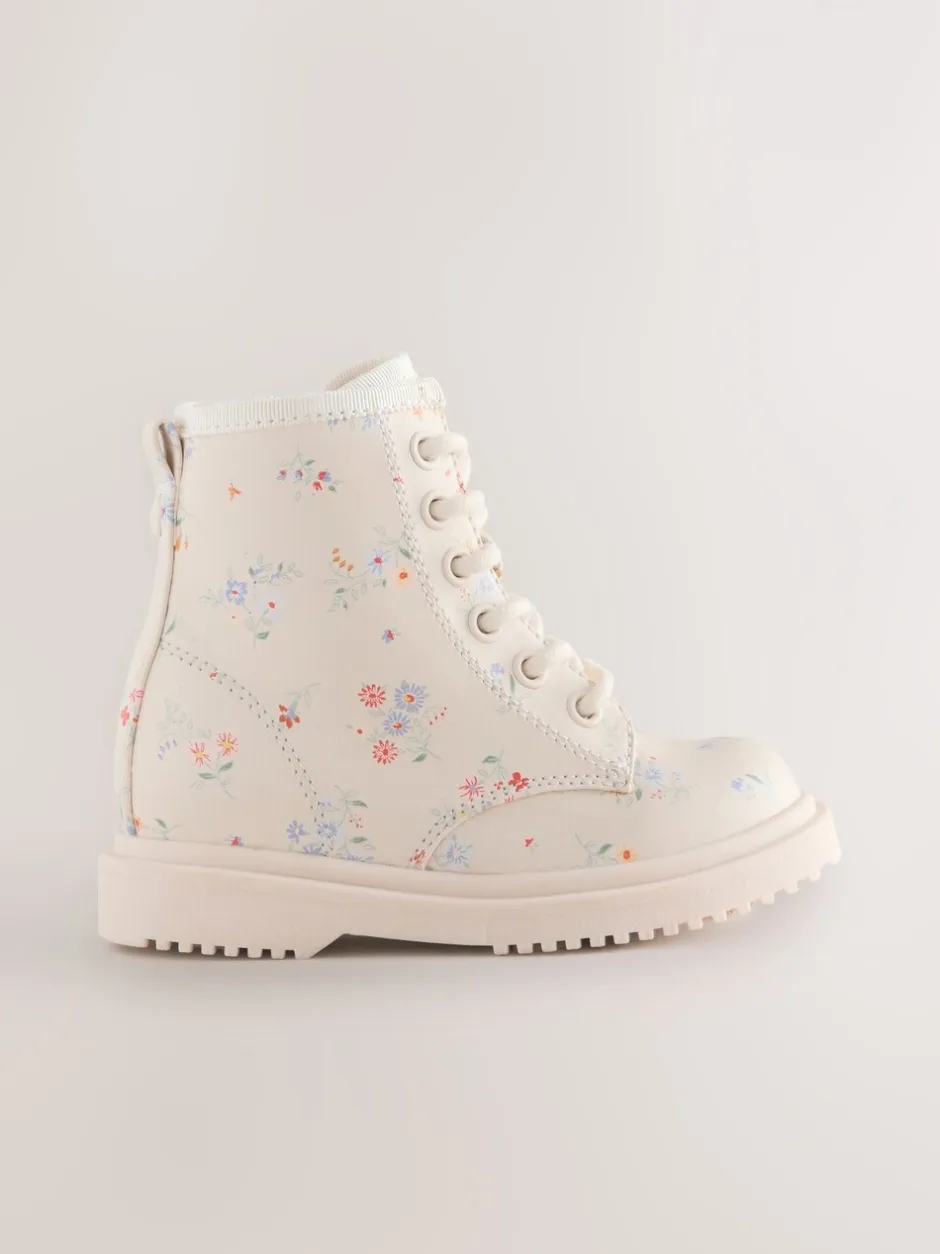 Gelegenheidskleding|Boots*Next - Enkellaarzen met vetersluiting Crème gebloemd