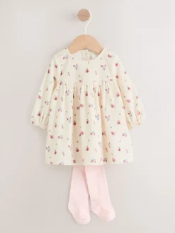 Jurken|Next - 2 -delige Baby Set van velours Jurk met Lange mouwen en Panty''s (0mnd-2jr) Crème met bloemetjesprint