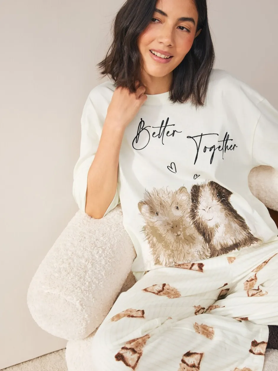 Pyjama's|Loungewear*Next Crème met cavia - Tricot pyjama met korte mouwen