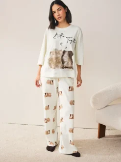 Pyjama's|Loungewear*Next Crème met cavia - Tricot pyjama met korte mouwen