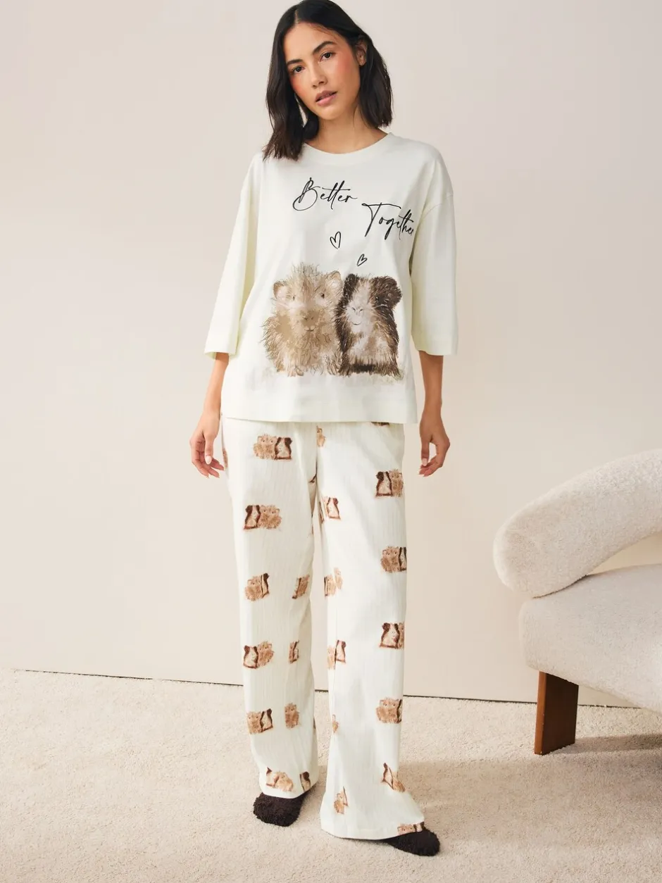 Pyjama's|Loungewear*Next Crème met cavia - Tricot pyjama met korte mouwen