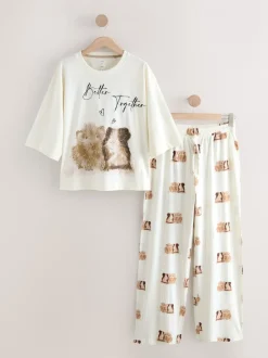Pyjama's|Loungewear*Next Crème met cavia - Tricot pyjama met korte mouwen