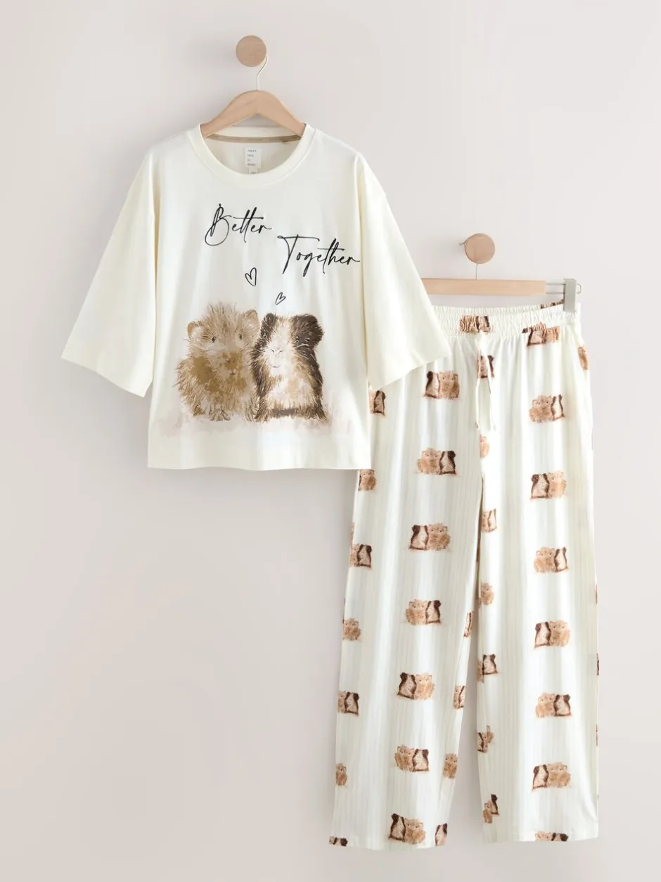 Pyjama's|Loungewear*Next Crème met cavia - Tricot pyjama met korte mouwen