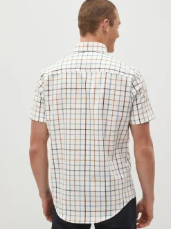 Shirts*Next Crème/blauw Tattersall-ruit - Strijvrij Oxford overhemd met korte mouwen en knopen