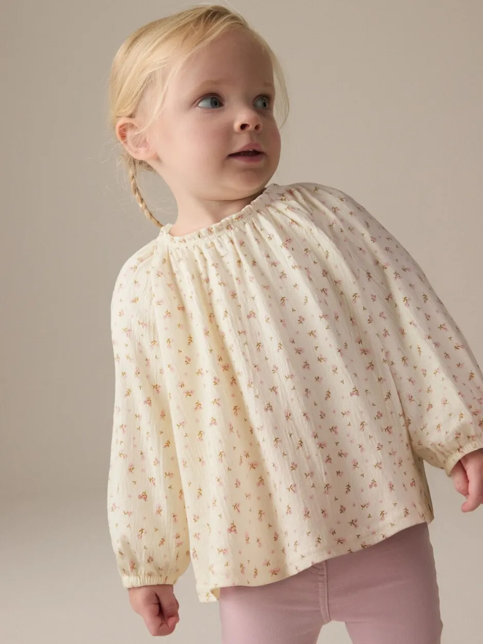 Overhemden En Blouses|Next - Blouse met lange mouwen en geplooide hals (3mnd-7jr) Crèmekleurige fijne bloemenprint