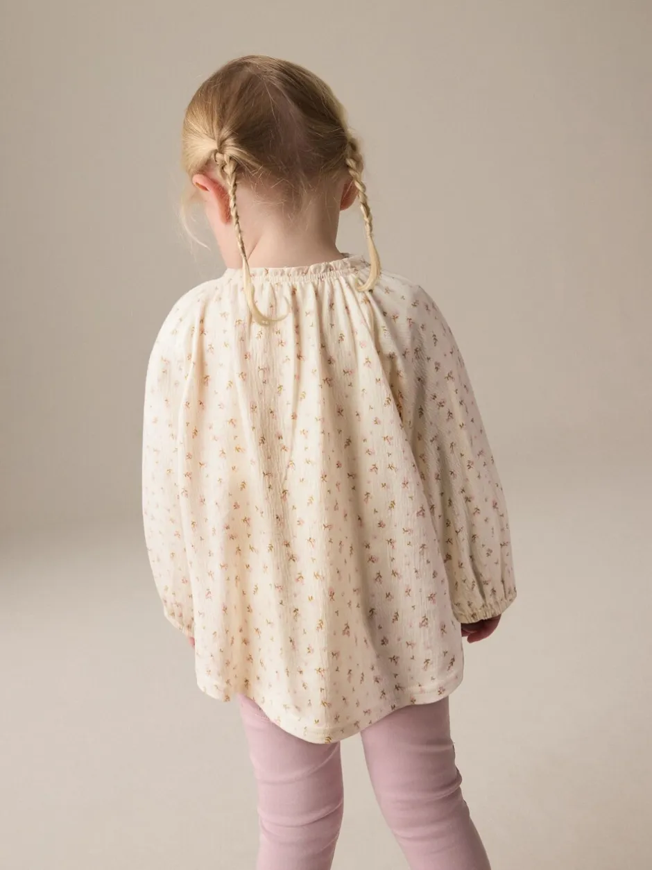 Overhemden En Blouses|Next - Blouse met lange mouwen en geplooide hals (3mnd-7jr) Crèmekleurige fijne bloemenprint
