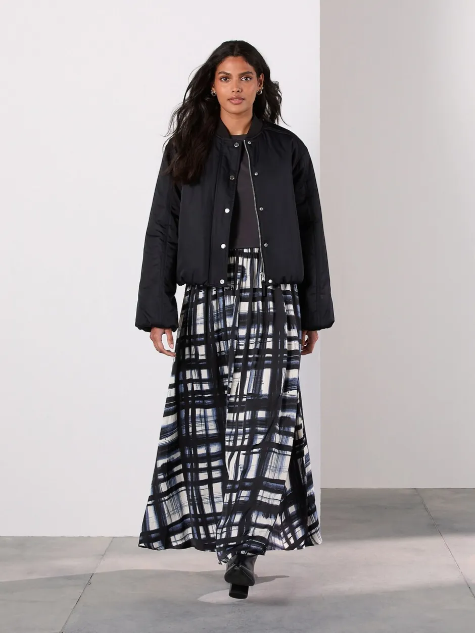 Rokken|Next - Satin Pleated Maxi Skirt Crème/marineblauw ruit