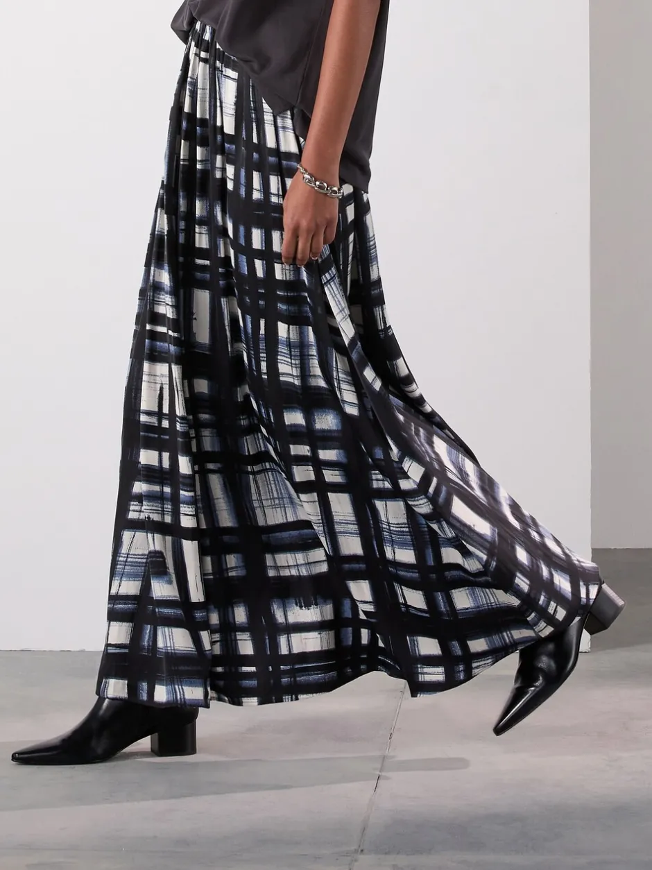 Rokken|Next - Satin Pleated Maxi Skirt Crème/marineblauw ruit