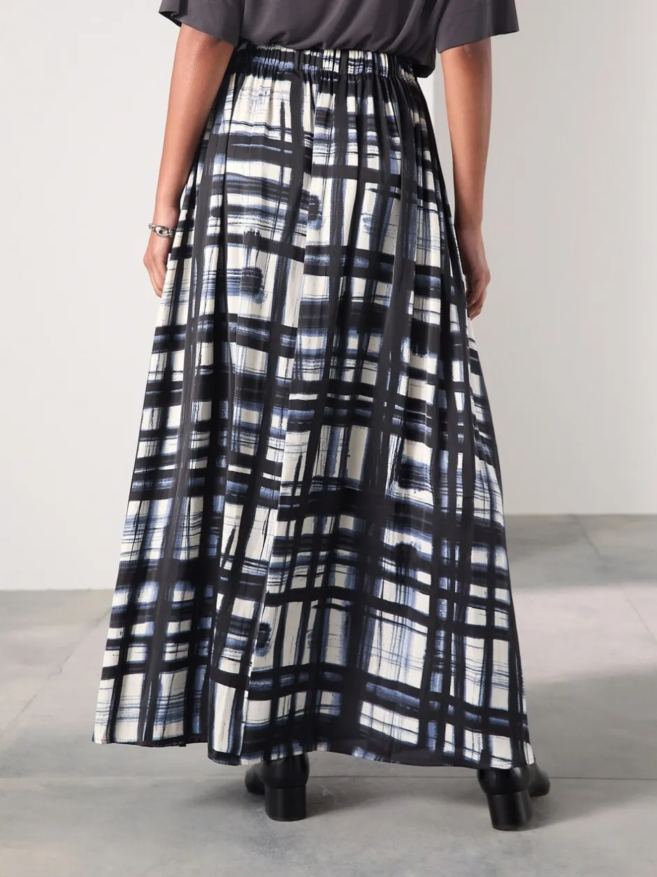 Rokken|Next - Satin Pleated Maxi Skirt Crème/marineblauw ruit