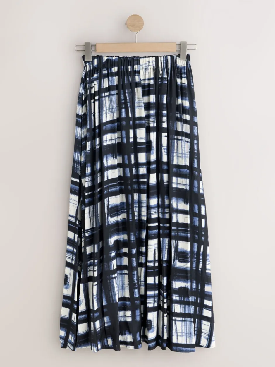 Rokken|Next - Satin Pleated Maxi Skirt Crème/marineblauw ruit