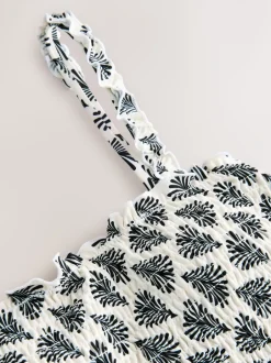 Badkleding|Next - Gesmokte bandeaubikinitop Crème/Zwart Waaierprint