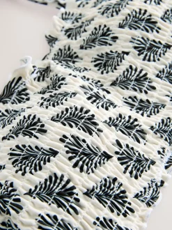 Badkleding|Next - Gesmokte bandeaubikinitop Crème/Zwart Waaierprint
