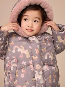 Jassen, Jacks En Kinderwagenpakjes|Jassen En Jacks|Next - Regenbestendige gewatteerde jas met imitatiebont afwerking (3mnd-7jr) Damson Unicorn