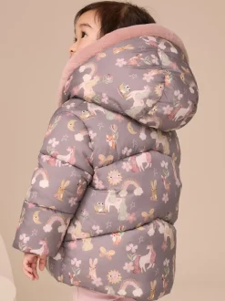 Jassen, Jacks En Kinderwagenpakjes|Jassen En Jacks|Next - Regenbestendige gewatteerde jas met imitatiebont afwerking (3mnd-7jr) Damson Unicorn